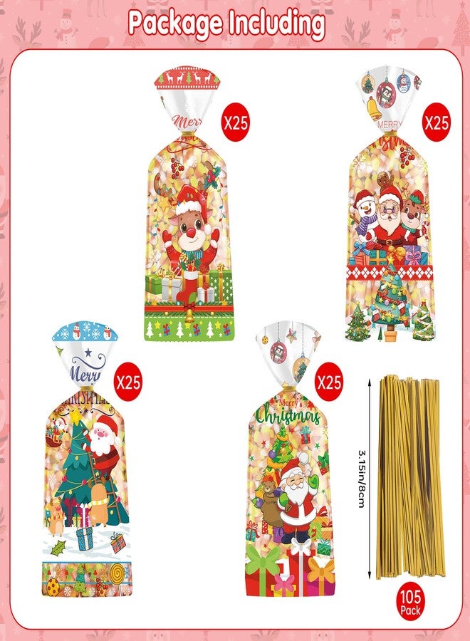 Litmitfu 100 Pcs Merry Christmas Treat Bags - Clear Xmas Cellophane Gift Goodie Bags, Plastic Santa Claus Goody Candy Snack Bag with Twist Ties for Winter Christmas Themed Party Supplies Favors, 4 Styles - Image 4
